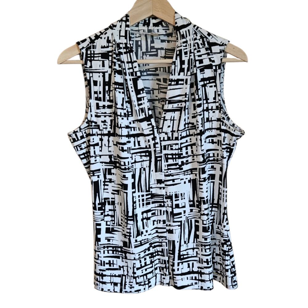 Calvin Klein Medium Black White Abstract Geometric Draped Split V-Neck Tank Top